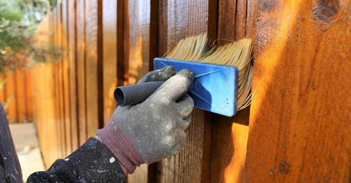 fence varnish painting using a paint brush